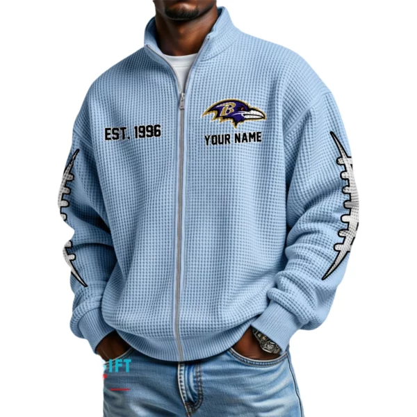 Baltimore Ravens Men’s Full Zip Waffle Knit Long Sleeve Sweatshirt Personalize Name