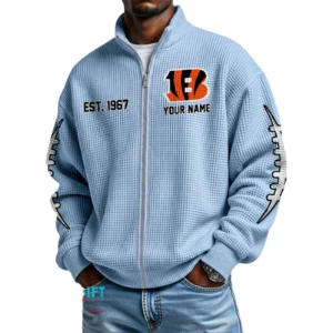 Cincinnati Bengals Men’s Full Zip Waffle Knit Long Sleeve Sweatshirt Personalize Name