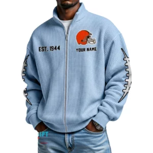 Cleveland Browns Men’s Full Zip Waffle Knit Long Sleeve Sweatshirt Personalize Name