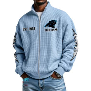 Carolina Panthers Men’s Full Zip Waffle Knit Long Sleeve Sweatshirt Personalize Name