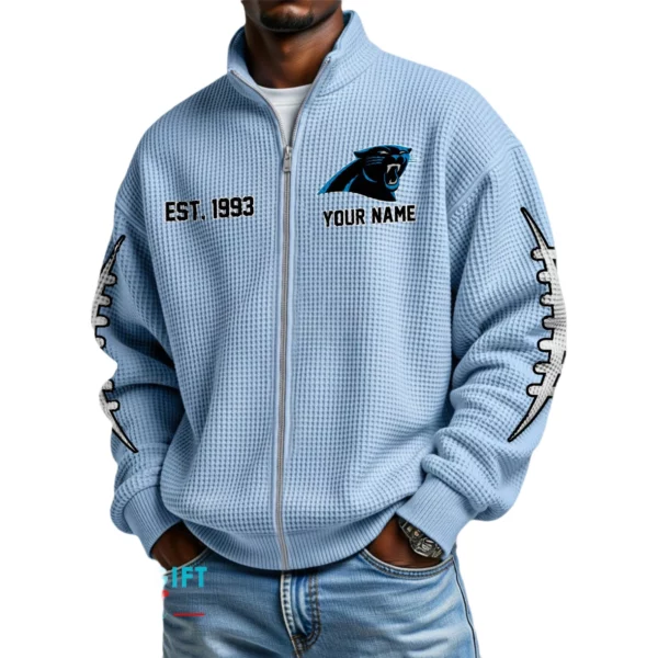 Carolina Panthers Men’s Full Zip Waffle Knit Long Sleeve Sweatshirt Personalize Name