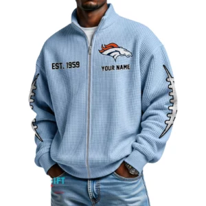 Denver Broncos Men’s Full Zip Waffle Knit Long Sleeve Sweatshirt Personalize Name