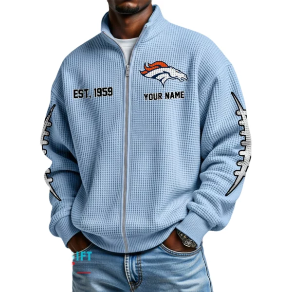 Denver Broncos Men’s Full Zip Waffle Knit Long Sleeve Sweatshirt Personalize Name