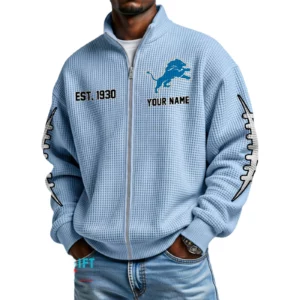 Detroit Lions Men’s Full Zip Waffle Knit Long Sleeve Sweatshirt Personalize Name