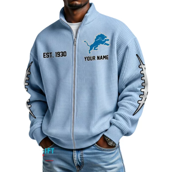Detroit Lions Men’s Full Zip Waffle Knit Long Sleeve Sweatshirt Personalize Name