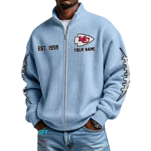 Kansas City Chiefs Men’s Full Zip Waffle Knit Long Sleeve Sweatshirt Personalize Name