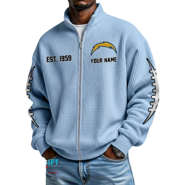 Los Angeles Chargers Men’s Full Zip Waffle Knit Long Sleeve Sweatshirt Personalize Name