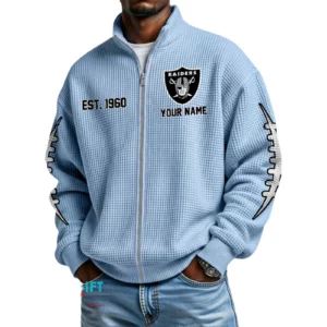 Las Vegas Raiders Men’s Full Zip Waffle Knit Long Sleeve Sweatshirt Personalize Name