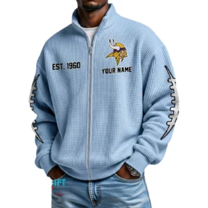 Minnesota Vikings Men’s Full Zip Waffle Knit Long Sleeve Sweatshirt Personalize Name
