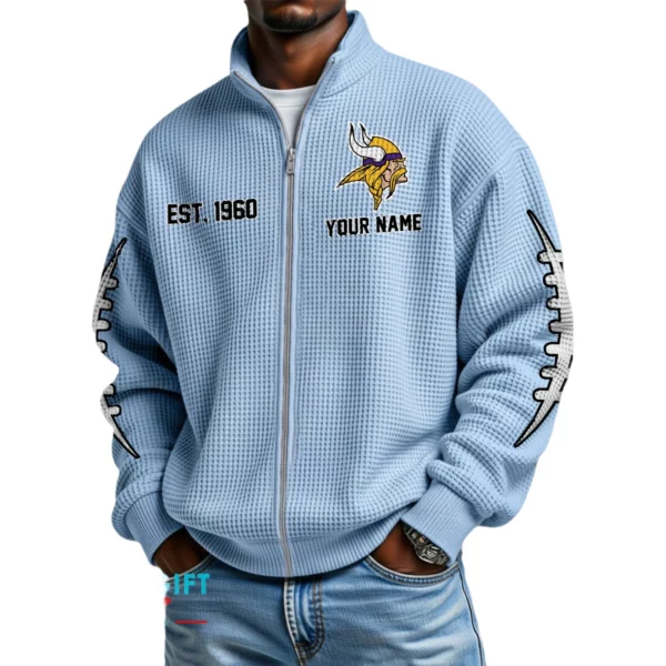 Minnesota Vikings Men’s Full Zip Waffle Knit Long Sleeve Sweatshirt Personalize Name