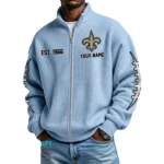 New Orleans Saints Men’s Full Zip Waffle Knit Long Sleeve Sweatshirt Personalize Name