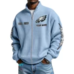 Philadelphia Eagles Men’s Full Zip Waffle Knit Long Sleeve Sweatshirt Personalize Name