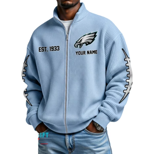 Philadelphia Eagles Men’s Full Zip Waffle Knit Long Sleeve Sweatshirt Personalize Name