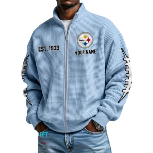 Pittsburgh Steelers Men’s Full Zip Waffle Knit Long Sleeve Sweatshirt Personalize Name