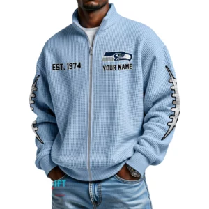 Seattle Seahawks Men’s Full Zip Waffle Knit Long Sleeve Sweatshirt Personalize Name