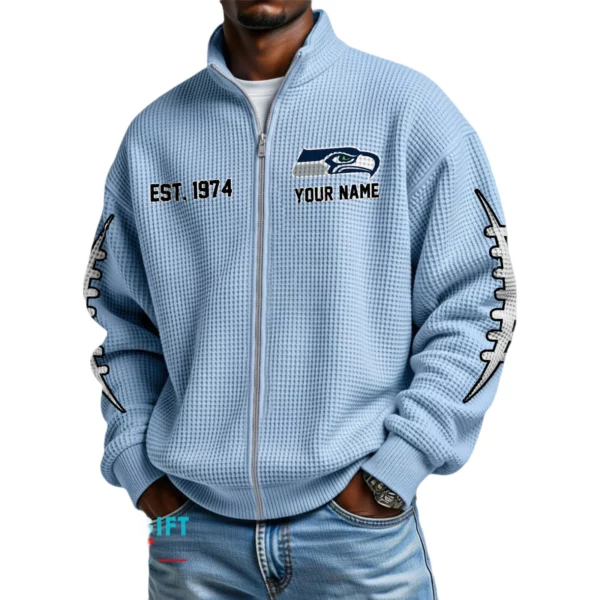 Seattle Seahawks Men’s Full Zip Waffle Knit Long Sleeve Sweatshirt Personalize Name