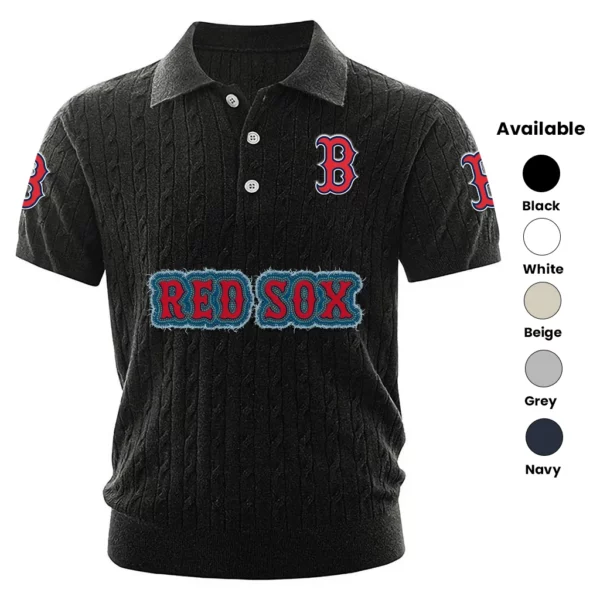 Boston Red Sox Polo Shirt Men Knitted Top Texture, Short Sleeve