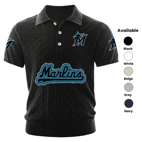 Miami Marlins Polo Shirt Men Knitted Top Texture, Short Sleeve