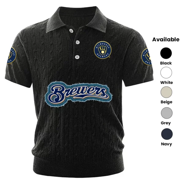 Milwaukee Brewers Polo Shirt Men Knitted Top Texture, Short Sleeve