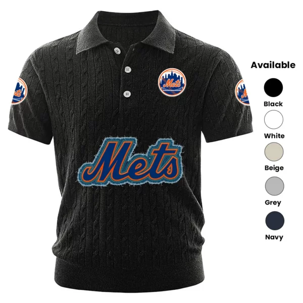New York Mets Polo Shirt Men Knitted Top Texture, Short Sleeve