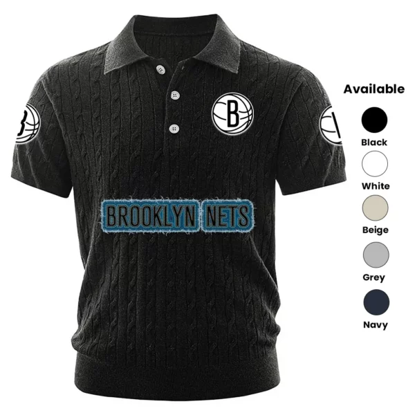 Brooklyn Nets Polo Shirt Men Knitted Top Texture, Short Sleeve