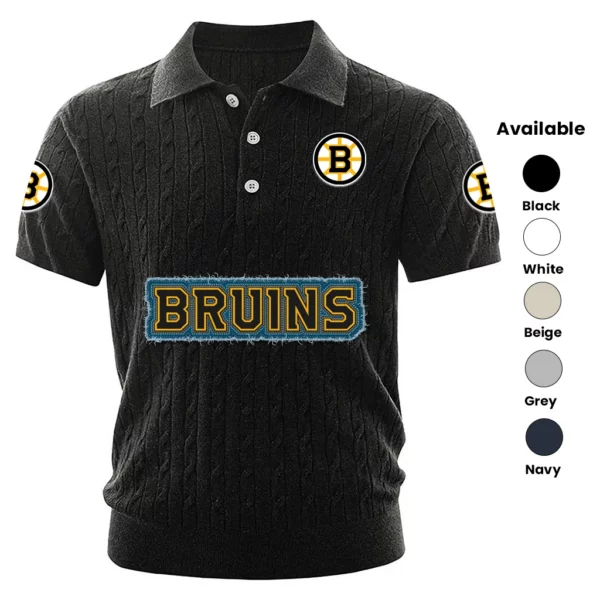 Boston Bruins Polo Shirt Men Knitted Top Texture, Short Sleeve