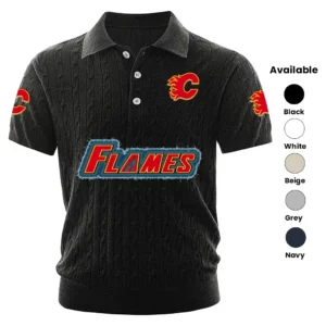 Calgary Flames Polo Shirt Men Knitted Top Texture, Short Sleeve