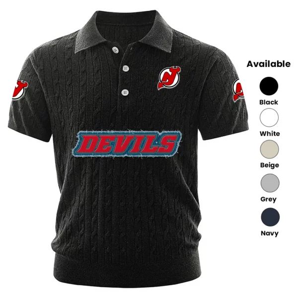 New Jersey Devils Polo Shirt Men Knitted Top Texture, Short Sleeve