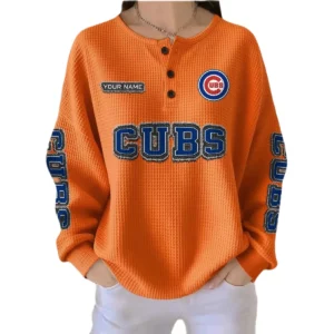 Chicago Cubs Women’s Waffle Knit Button-Front Long Sleeve Shirt New 2026 Personalize Name