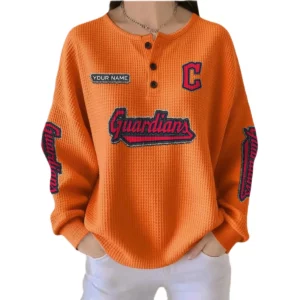 Cleveland Guardians Women’s Waffle Knit Button-Front Long Sleeve Shirt New 2026 Personalize Name