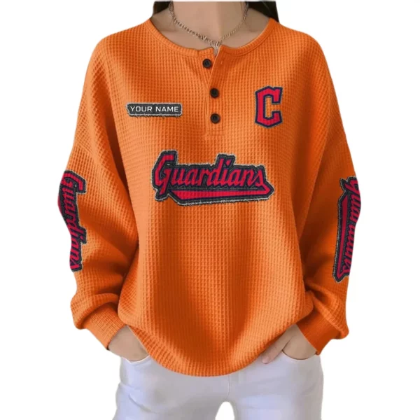 Cleveland Guardians Women’s Waffle Knit Button-Front Long Sleeve Shirt New 2026 Personalize Name