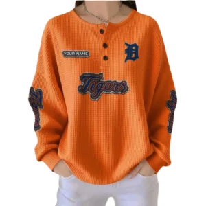 Detroit Tigers Women’s Waffle Knit Button-Front Long Sleeve Shirt New 2026 Personalize Name