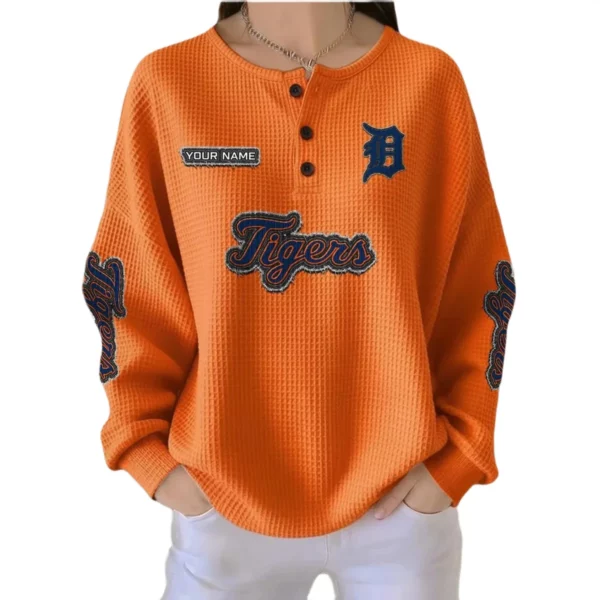 Detroit Tigers Women’s Waffle Knit Button-Front Long Sleeve Shirt New 2026 Personalize Name