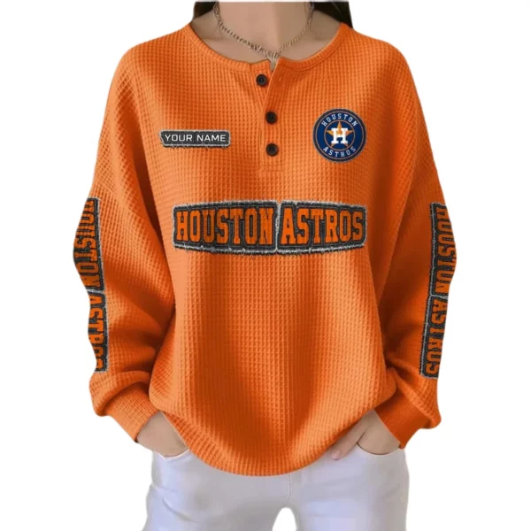 Houston Astros Women’s Waffle Knit Button-Front Long Sleeve Shirt New 2026 Personalize Name