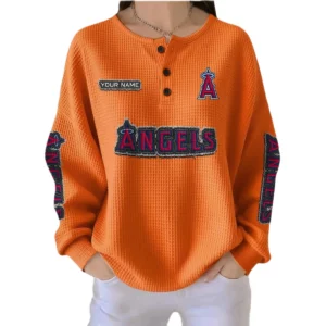 Los Angeles Angels Women’s Waffle Knit Button-Front Long Sleeve Shirt New 2026 Personalize Name