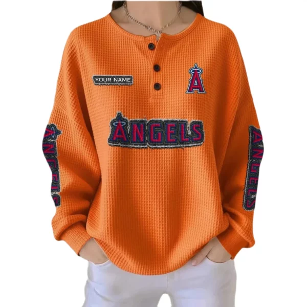 Los Angeles Angels Women’s Waffle Knit Button-Front Long Sleeve Shirt New 2026 Personalize Name