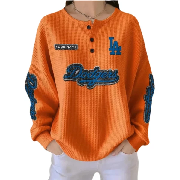 Los Angeles Dodgers Women’s Waffle Knit Button-Front Long Sleeve Shirt New 2026 Personalize Name