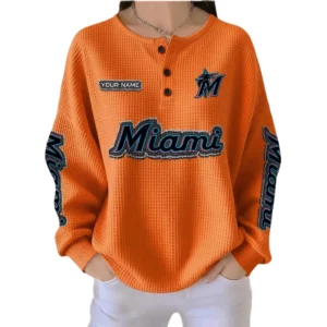 Miami Marlins Women’s Waffle Knit Button-Front Long Sleeve Shirt New 2026 Personalize Name