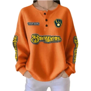 Milwaukee Brewers Women’s Waffle Knit Button-Front Long Sleeve Shirt New 2026 Personalize Name