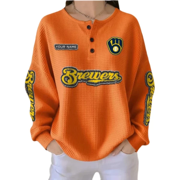 Milwaukee Brewers Women’s Waffle Knit Button-Front Long Sleeve Shirt New 2026 Personalize Name