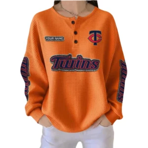 Minnesota Twins Women’s Waffle Knit Button-Front Long Sleeve Shirt New 2026 Personalize Name