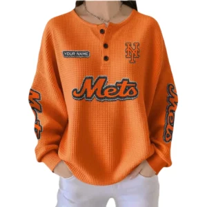 New York Mets Women’s Waffle Knit Button-Front Long Sleeve Shirt New 2026 Personalize Name