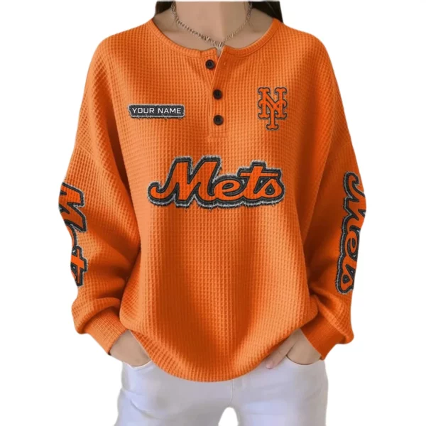 New York Mets Women’s Waffle Knit Button-Front Long Sleeve Shirt New 2026 Personalize Name