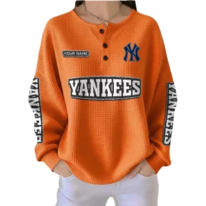 New York Yankees Women’s Waffle Knit Button-Front Long Sleeve Shirt New 2026 Personalize Name