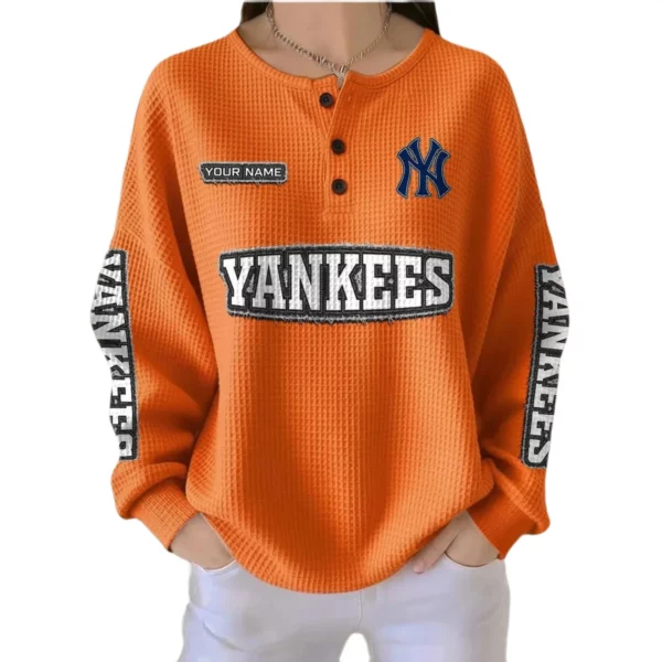New York Yankees Women’s Waffle Knit Button-Front Long Sleeve Shirt New 2026 Personalize Name