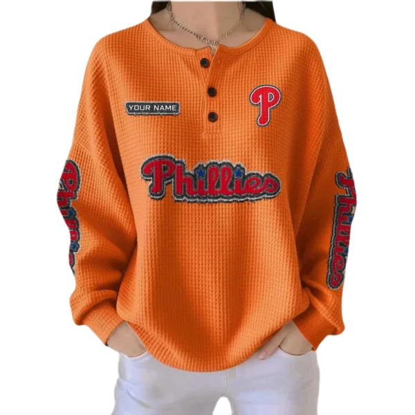 Philadelphia Phillies Women’s Waffle Knit Button-Front Long Sleeve Shirt New 2026 Personalize Name