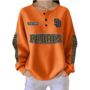 San Diego Padres Women’s Waffle Knit Button-Front Long Sleeve Shirt New 2026 Personalize Name