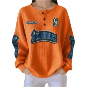 Seattle Mariners Women’s Waffle Knit Button-Front Long Sleeve Shirt New 2026 Personalize Name