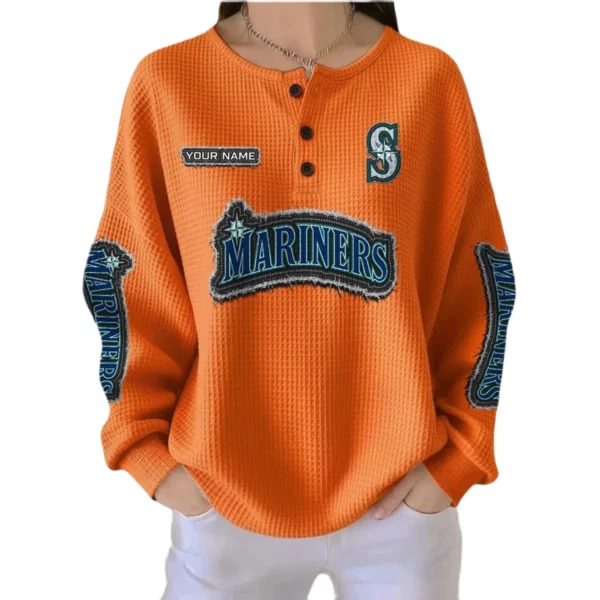 Seattle Mariners Women’s Waffle Knit Button-Front Long Sleeve Shirt New 2026 Personalize Name