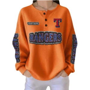 Texas Rangers Women’s Waffle Knit Button-Front Long Sleeve Shirt New 2026 Personalize Name